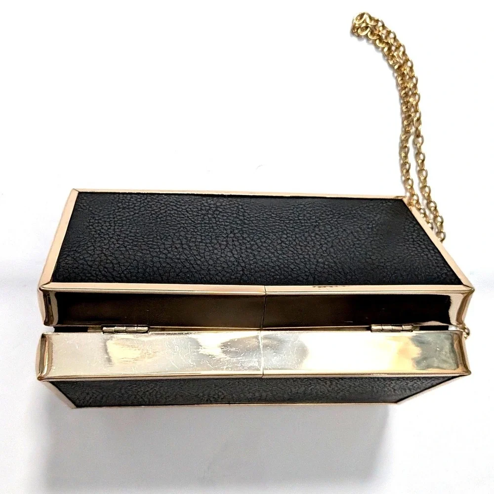 Kate Landry Gold Studded Box Clutch Black Convertible Crossbody Removable Chain